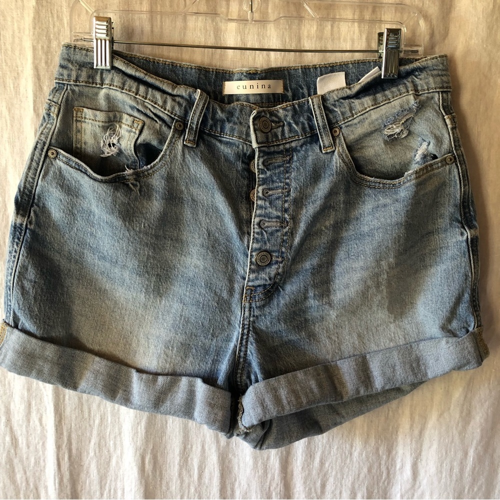 Eunina Olivia Ultra High Waist Mom Jean short with distressing rolled hem L